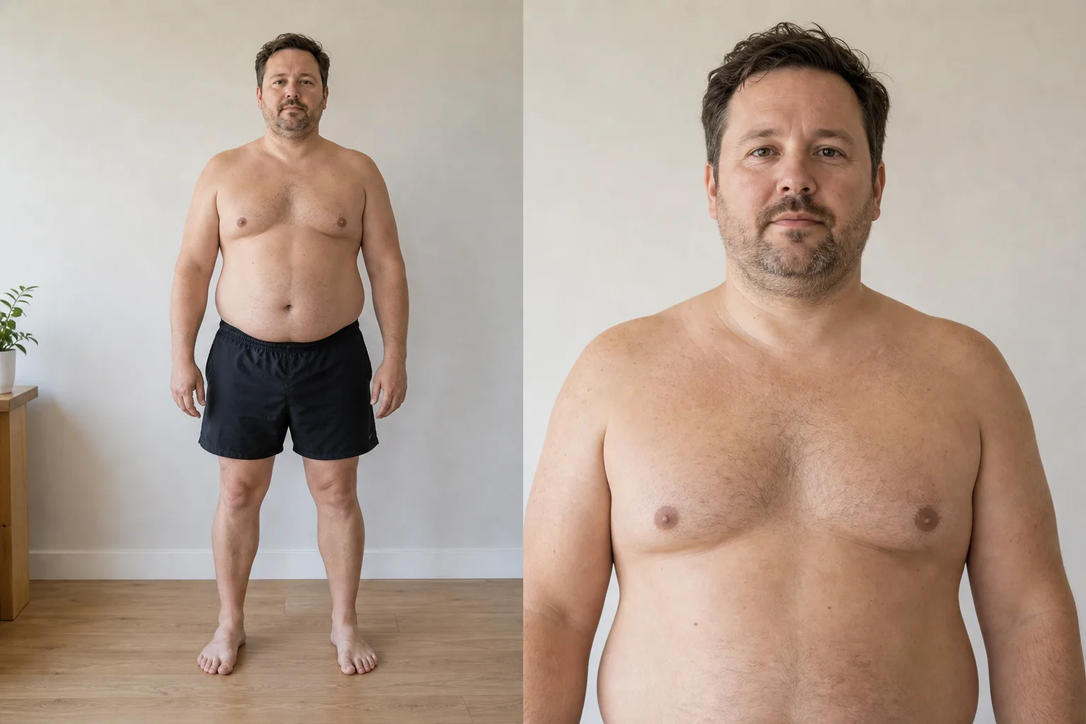 Synthetic adult male body fat reference for 25 to 29 percent, showing a softer full-body progress photo and face close-up.