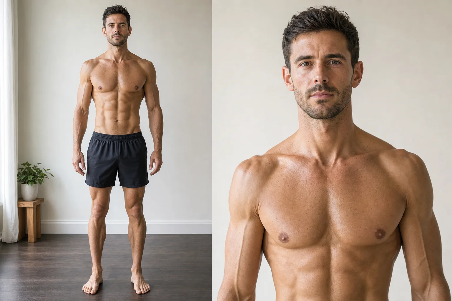 Synthetic adult male body fat reference for 6 to 9 percent, showing a lean athletic full-body progress photo and face close-up.