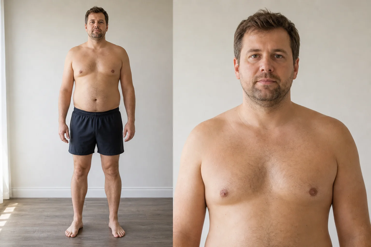 Synthetic adult male body fat reference for 20 to 24 percent, showing an average full-body progress photo and face close-up.