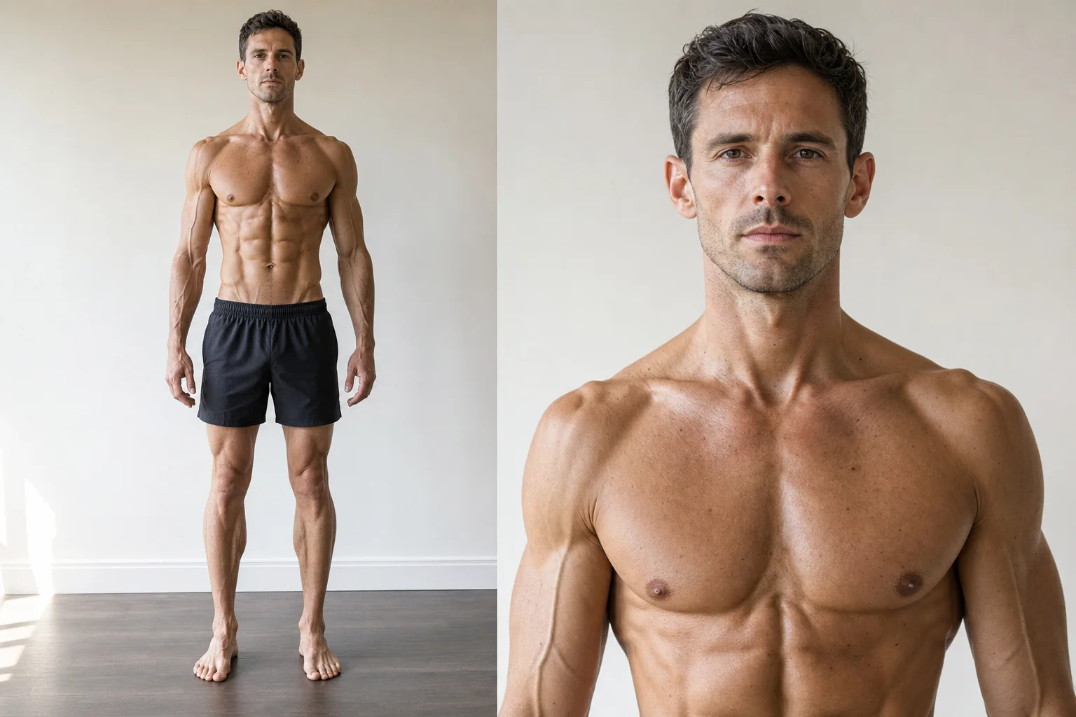 Synthetic adult male body fat reference for 2 to 5 percent, showing a very lean full-body progress photo and face close-up.