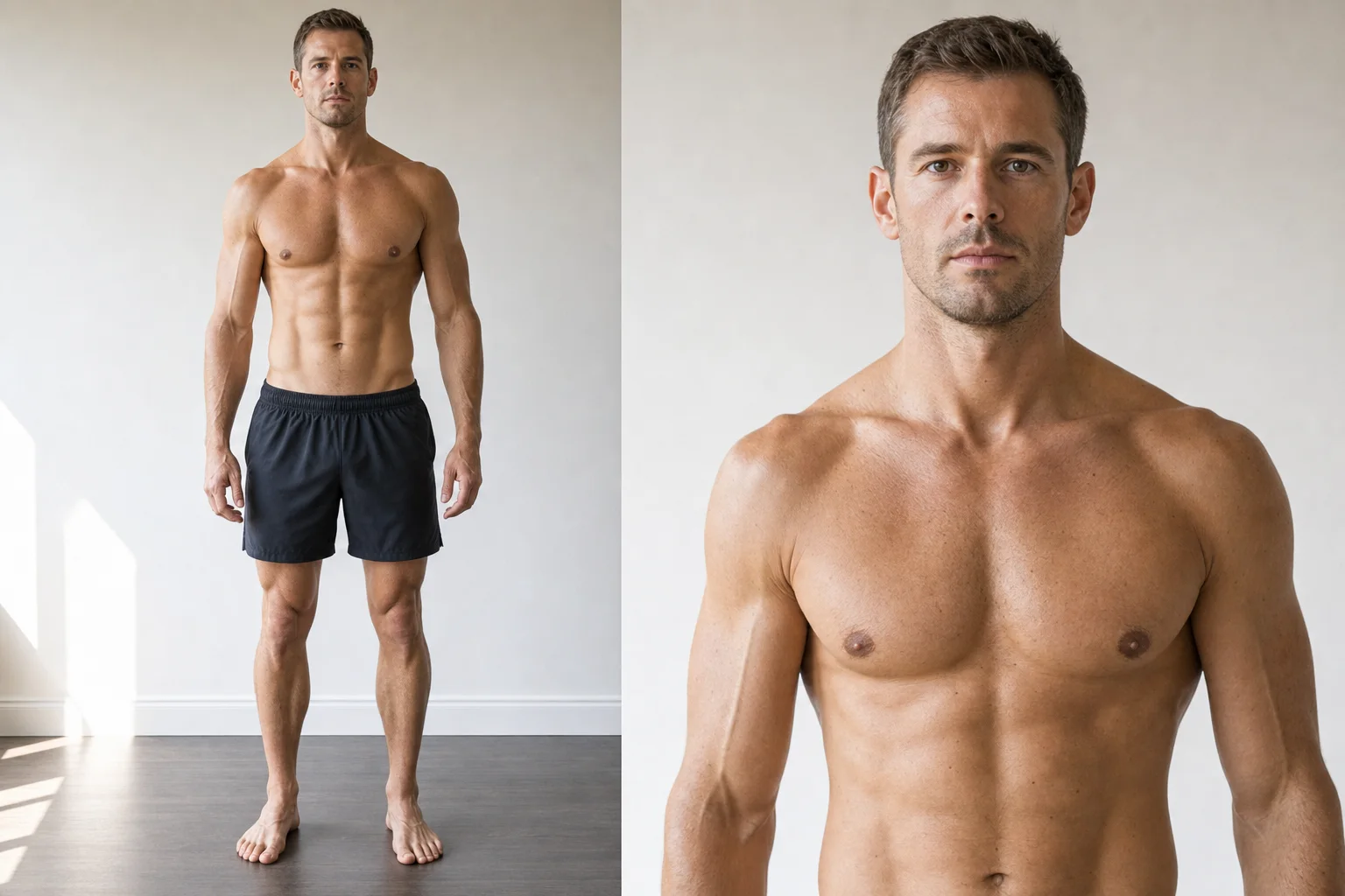Synthetic adult male body fat reference for 10 to 14 percent, showing a fit lean full-body progress photo and face close-up.