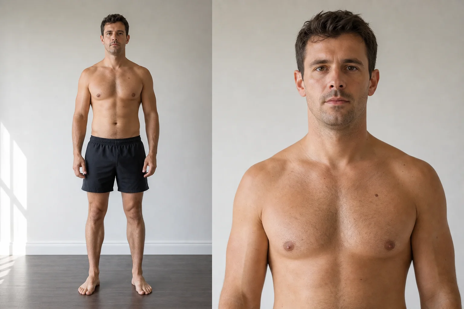 Synthetic adult male body fat reference for 15 to 19 percent, showing a healthy fit full-body progress photo and face close-up.