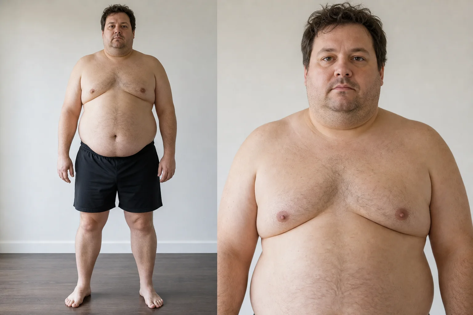 Synthetic adult male body fat reference for 30 percent and above, showing a higher body fat full-body progress photo and face close-up.