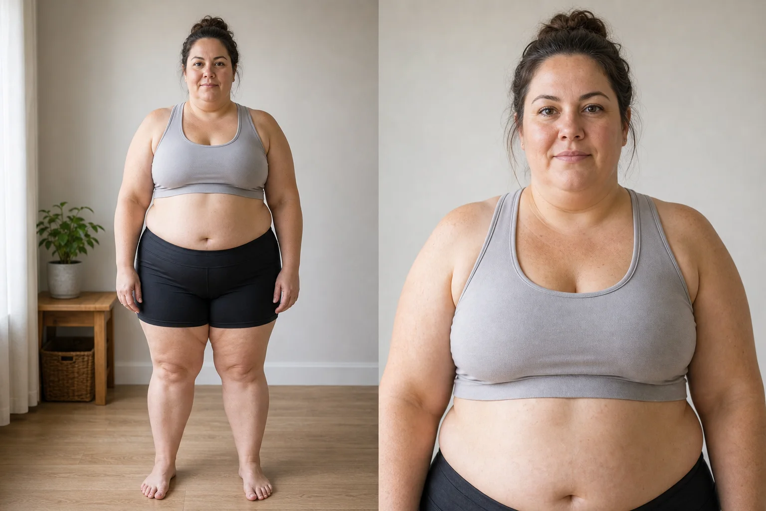 Synthetic adult female body fat reference for 33 percent and above, showing a higher body fat full-body progress photo and face close-up.