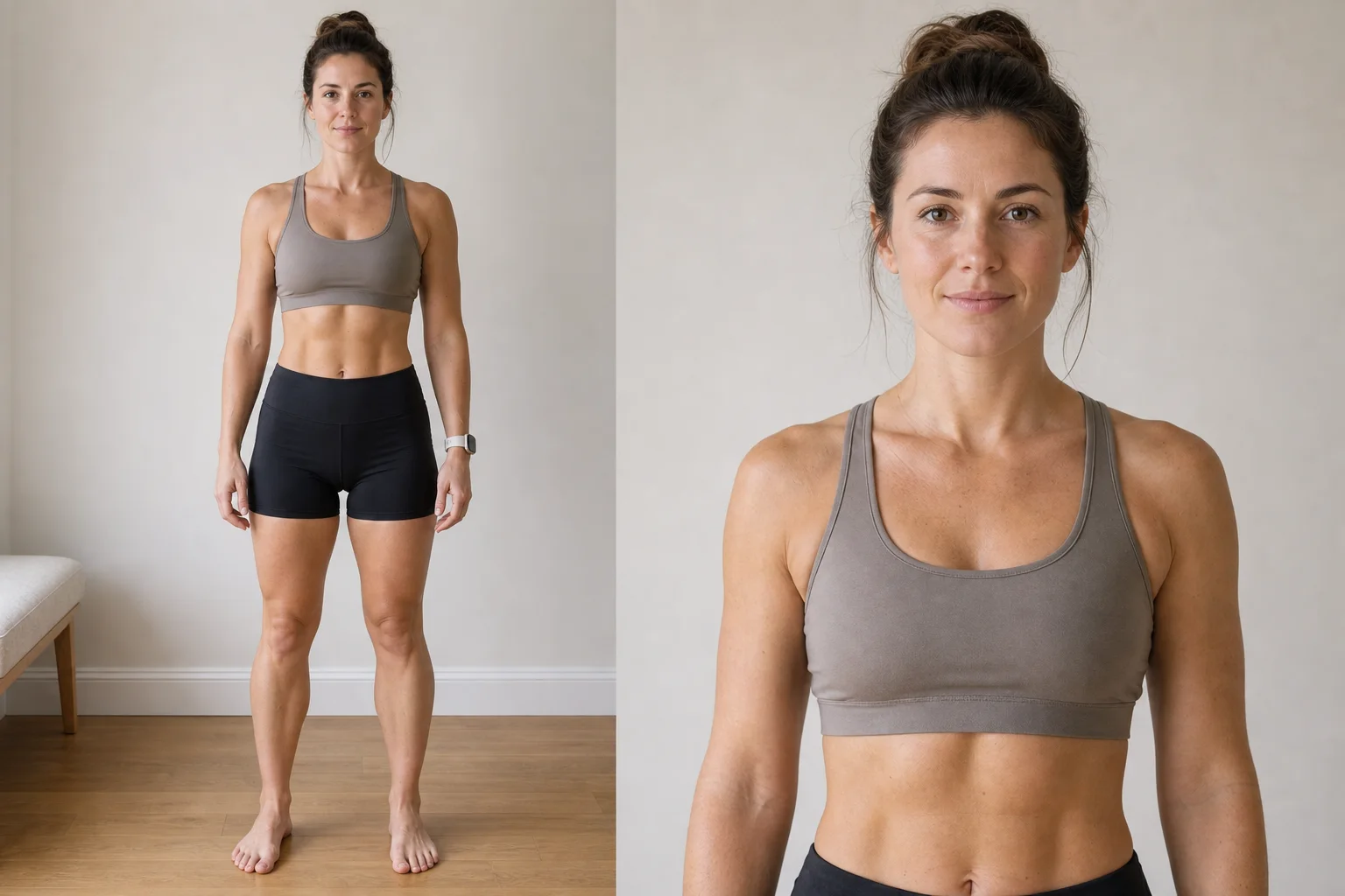 Synthetic adult female body fat reference for 14 to 17 percent, showing a lean athletic full-body progress photo and face close-up.