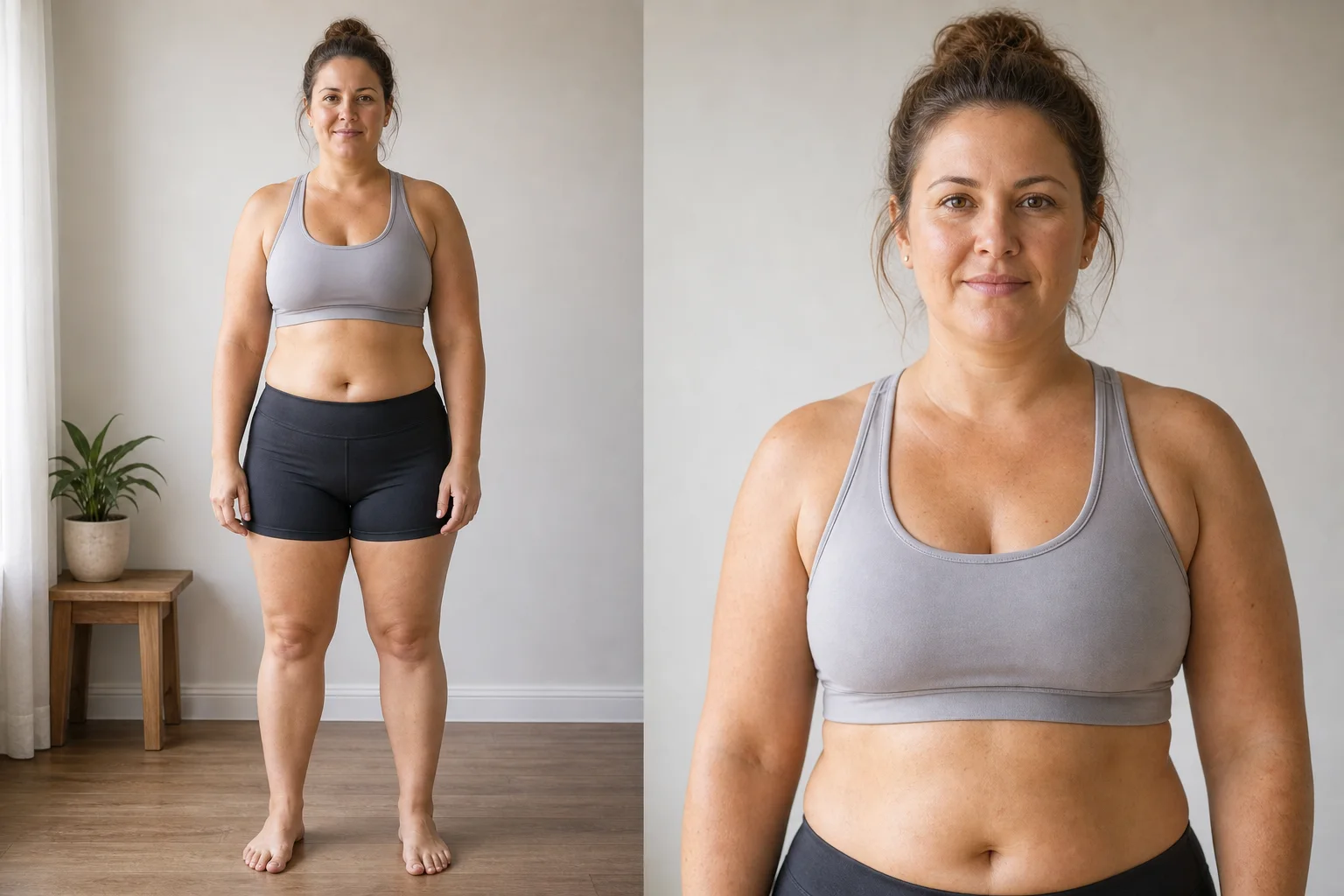 Synthetic adult female body fat reference for 28 to 32 percent, showing an average full-body progress photo and face close-up.