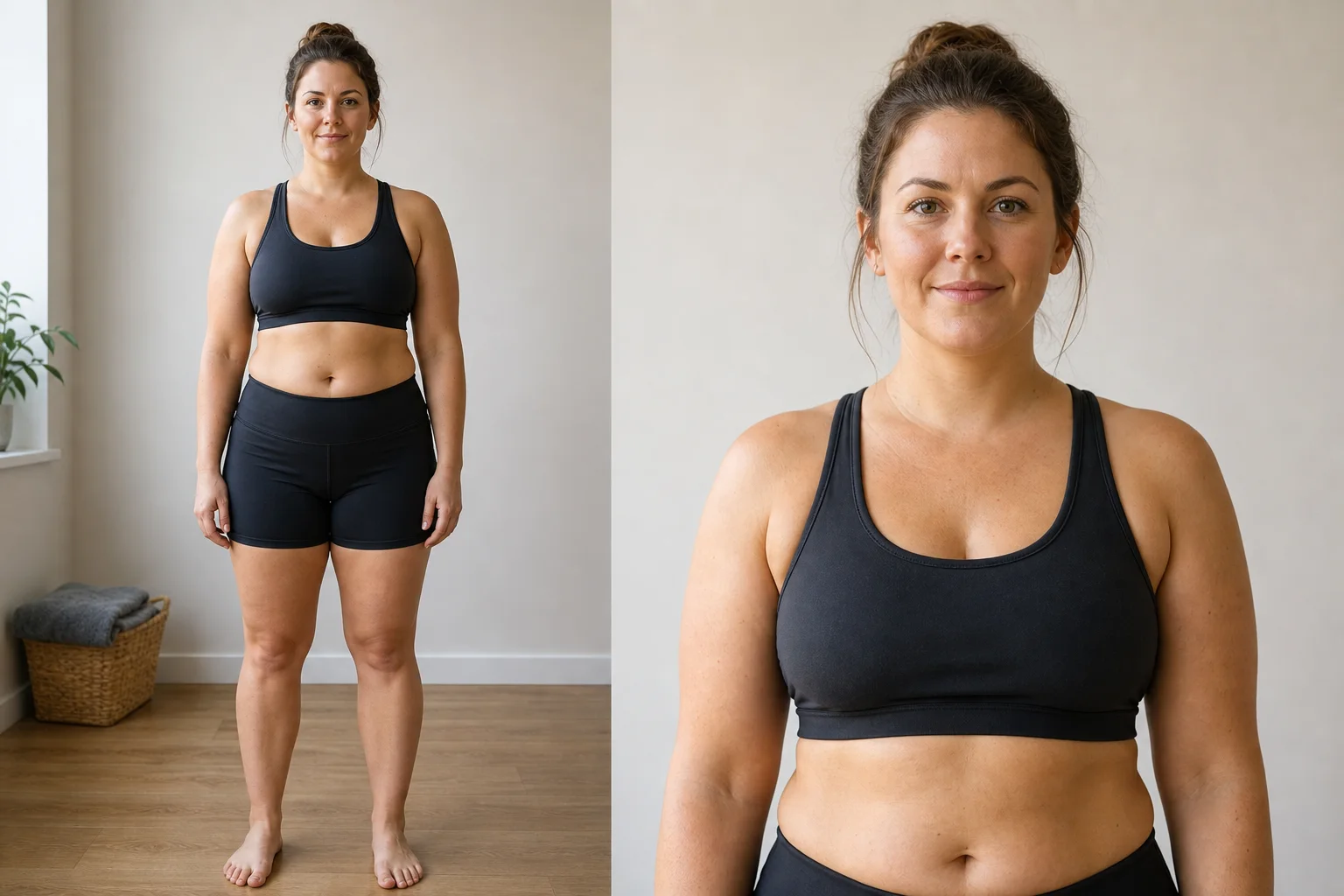 Synthetic adult female body fat reference for 23 to 27 percent, showing a healthy active full-body progress photo and face close-up.