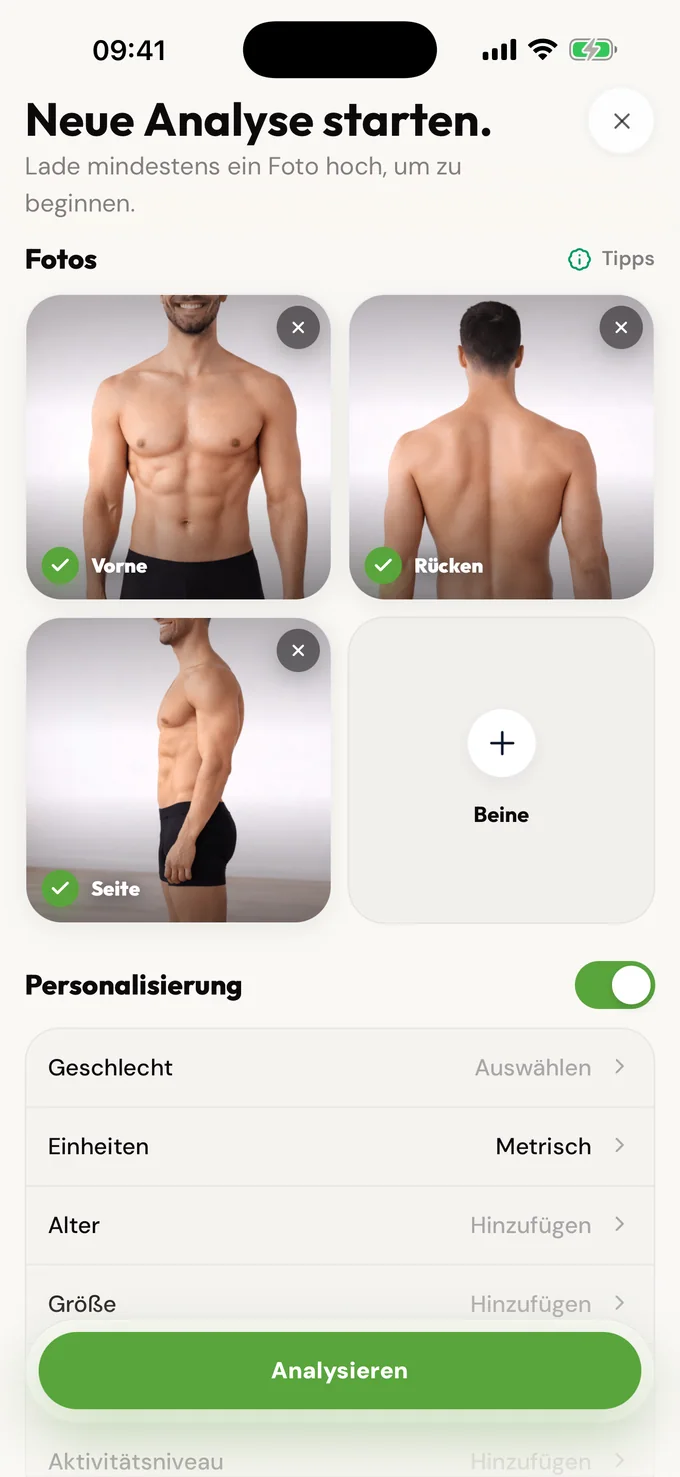 LeanLens-Dialog für eine neue Analyse mit Fotofeldern und Angaben zur Personalisierung