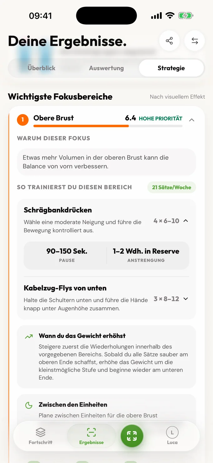 LeanLens-Strategieansicht mit einer Empfehlung zum Muskelaufbau und den wichtigsten Fokusbereichen