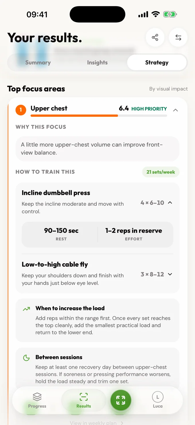 LeanLens strategy screen with a muscle building recommendation and top focus areas