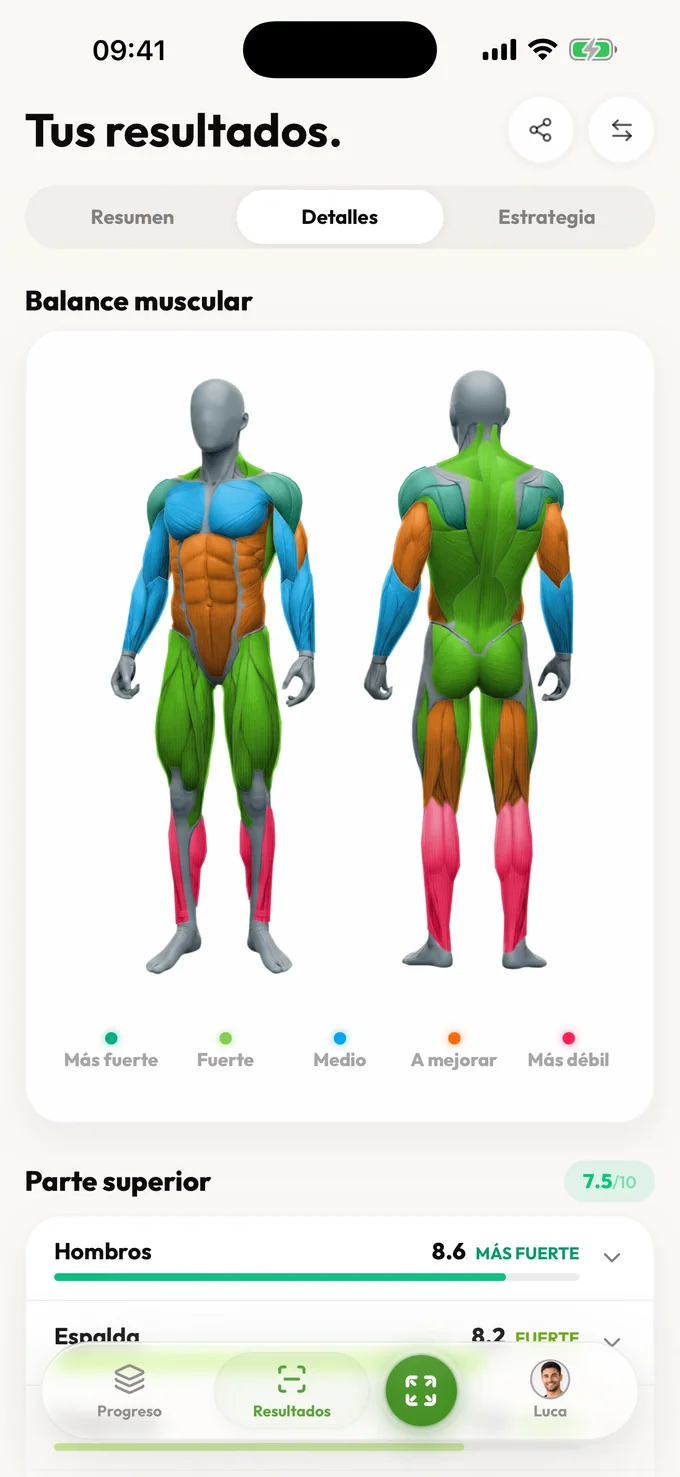 Pantalla de información de LeanLens con el equilibrio muscular y las puntuaciones del tren superior