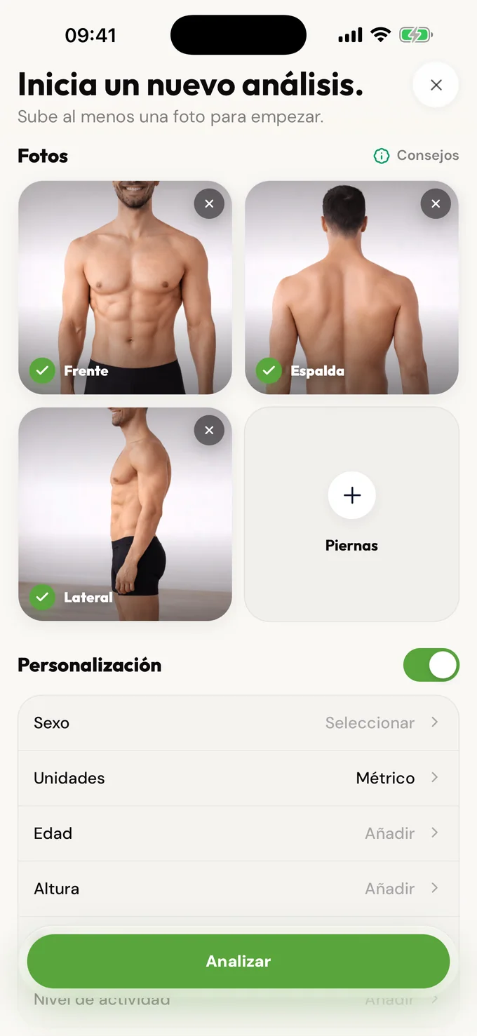Hoja para iniciar un nuevo análisis en LeanLens, con espacios para fotos y campos de personalización