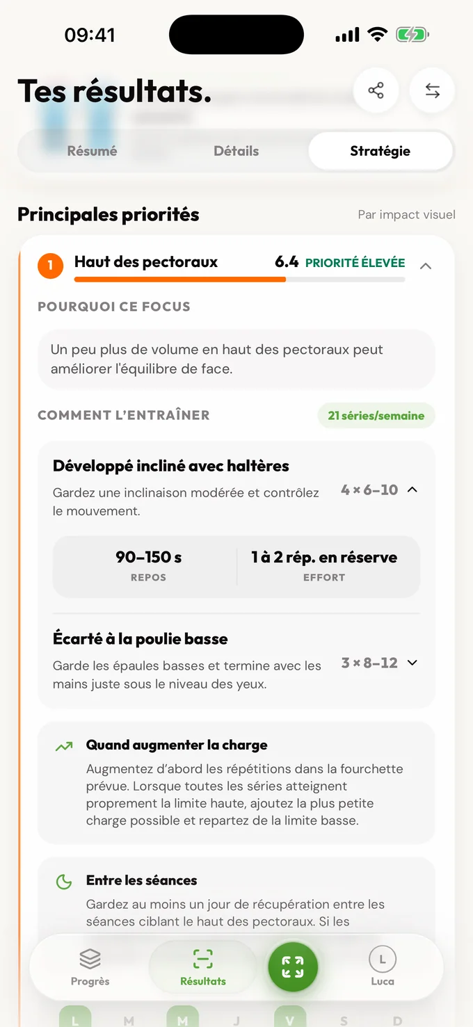 Écran de stratégie LeanLens avec une recommandation de développement musculaire et les principaux axes prioritaires