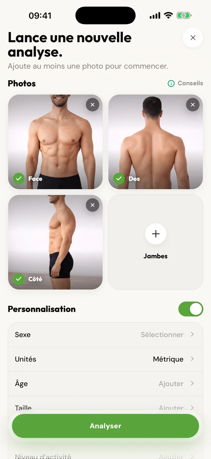 Écran de nouvelle analyse LeanLens avec des photos de face, de dos et de profil sélectionnées