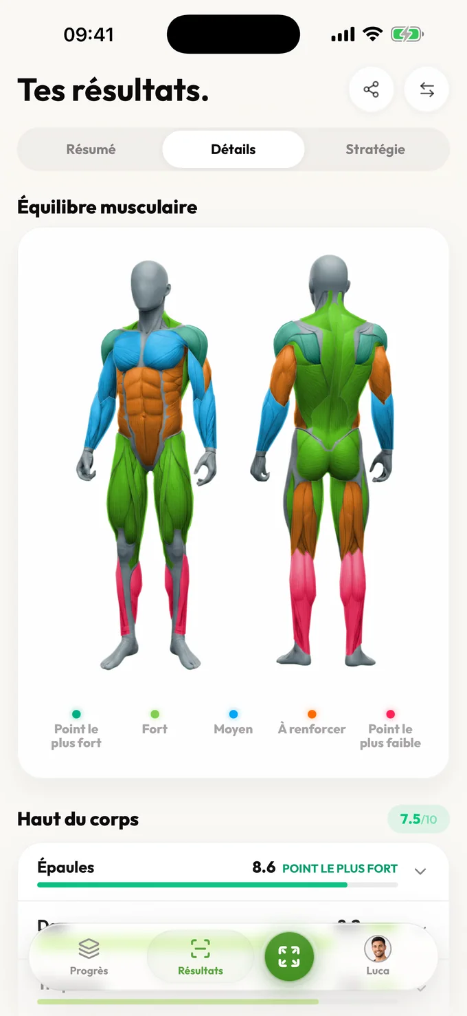Écran d’équilibre musculaire LeanLens avec une carte corporelle en couleur et les scores du haut du corps