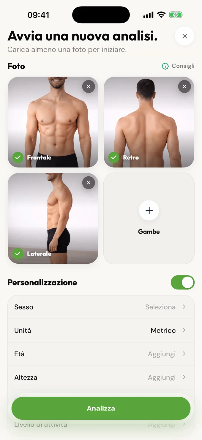 Pannello per una nuova analisi LeanLens con spazi per le foto e campi di personalizzazione