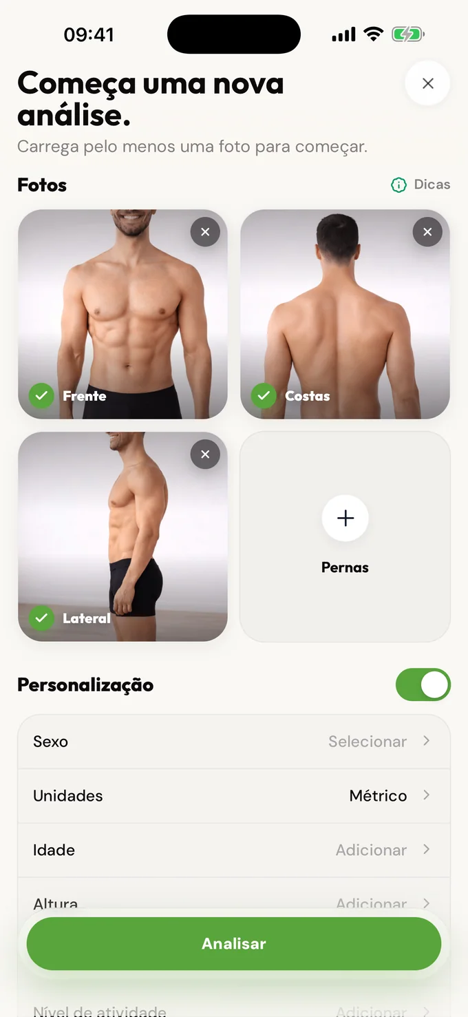 Painel de carregamento de uma nova análise da LeanLens com espaços para fotos e campos de personalização